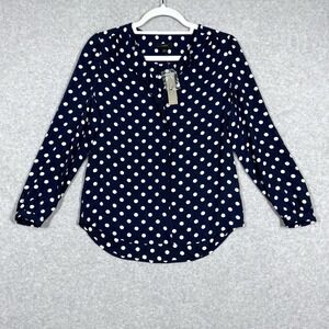 J Crew Top Womens XXS Drapey Scalloped Top in Polka Dot‎ Long Sleeve Blue NWT